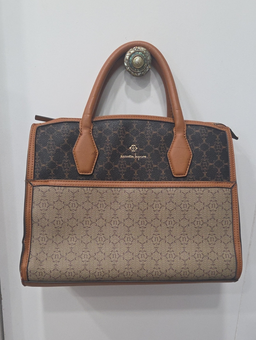 Nanette Lepore Brown and Tan Patterned Top-Handle Satchel
